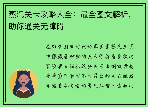 蒸汽关卡攻略大全：最全图文解析，助你通关无障碍